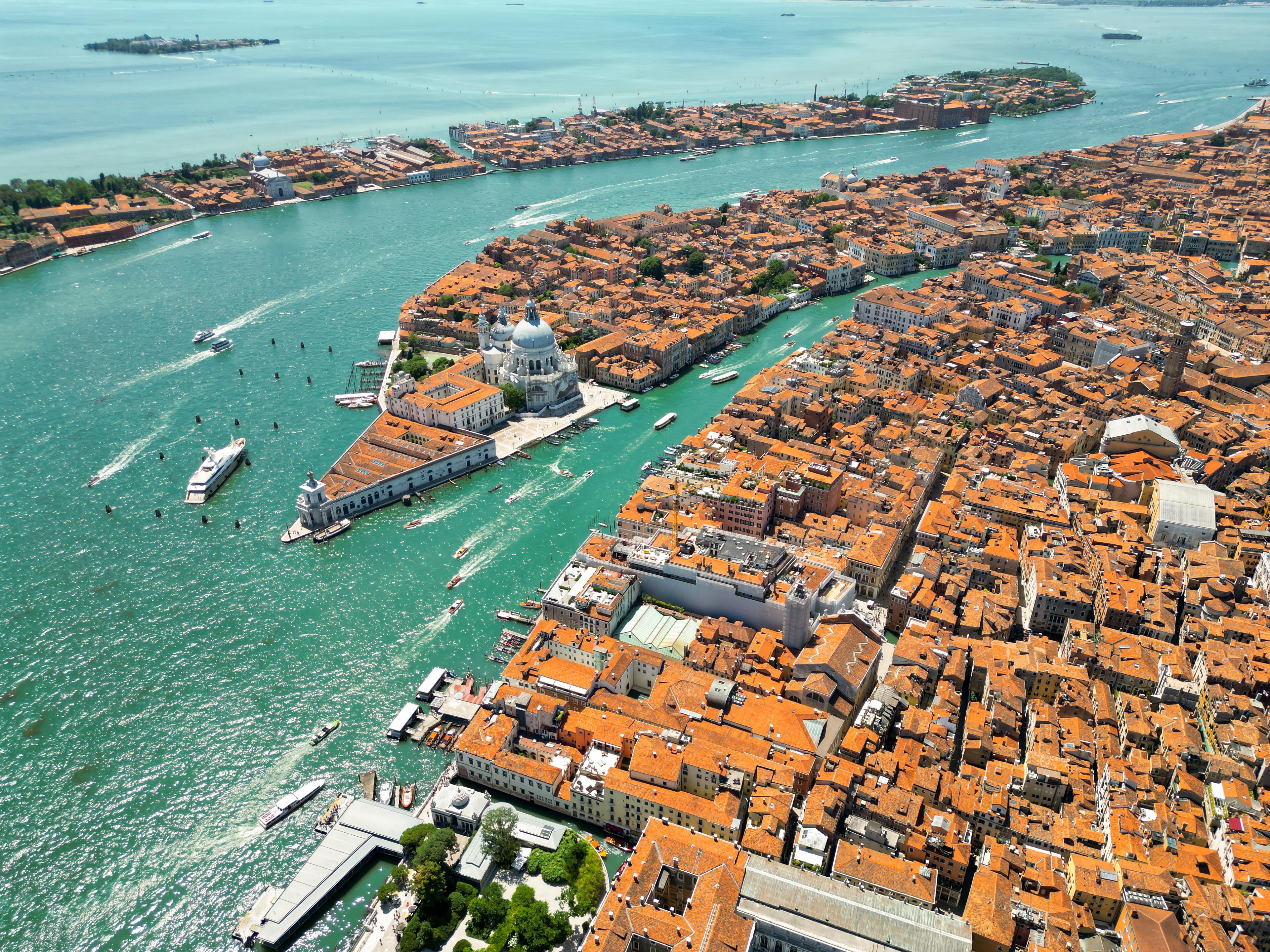 Aerial Drone View Venice Italy Water Channels With Multiple Floating Moored Boats